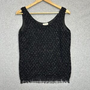 Cyn Les Vintage Tank Top Black Hand Beaded Sequin Fringe Wool Gatsby Womens 38